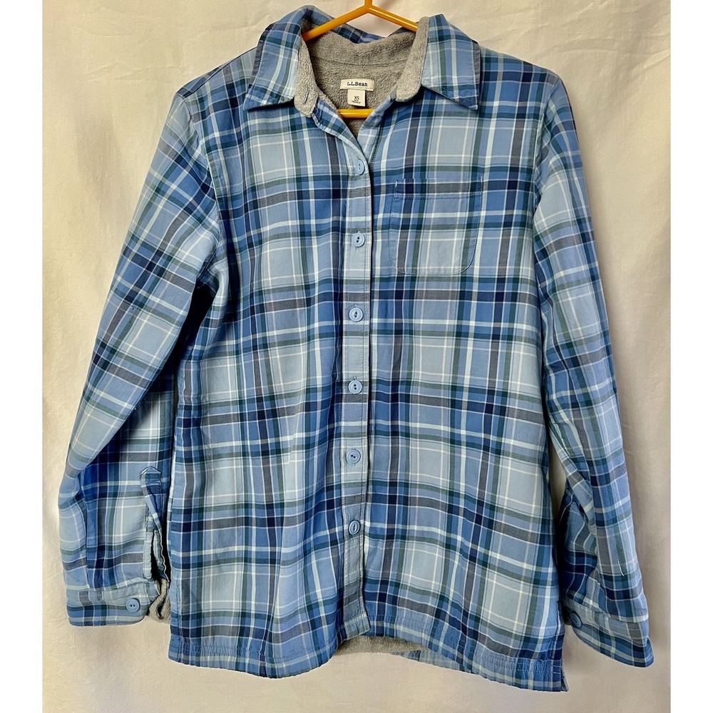 LL Bean Flannel Shirt Womens Fleece Lined Sz XS Blue Plaid Outdoor Camping